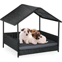 Relaxdays Lit pour chien avec toit, H x l x P : 81 x 90 x 68 cm, polyrotin, lit surélevé avec coussin, pour l'extérieur, anthracite