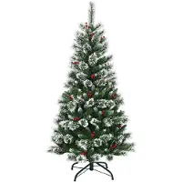 Costway Sapin de Noël artificiel 150cm avec baies rouges, sapin recouvert de neige avec support métallique, sapin de Noël en PVC et aiguilles de sapin, sapin artificiel Noël système de pliage