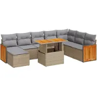 vidaXL Ensemble de salon de jardin 9 pièces avec coussins Beige Poly rotin Acacia