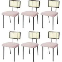 Mendler Lot de 6 chaises de salle à manger HWC-K88, fauteuil chaise, certifié FSC bois poly rotin métal bouclé tissu/textile rose