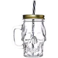 Puckator Totenkopf Trinkglas mit Metalldeckel und Stroh