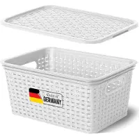 Novaliv Boîte de rangement avec couvercle Petit panier 5L Blanc design rotin Alimentaire Panier de rangement Empilable Boîte emboîtable Plastique BPA-free Caisse de rangement avec couvercle