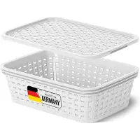 Novaliv Boîte de rangement avec couvercle Mini panier 1L Blanc design rotin Alimentaire Panier de rangement Empilable Boîte emboîtable Plastique BPA-free Caisse de rangement avec couvercle