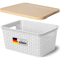 Novaliv Boîte de rangement avec couvercle en bois Petit panier 5L Blanc en rotin Design Alimentaire Panier de rangement Empilable Boîte emboîtable Plastique BPA-free Caisse de rangement avec couvercle