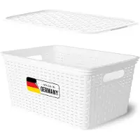 Novaliv Boîte de rangement avec couvercle Grand panier 14L blanc design rotin alimentaire Panier de rangement empilable Boîte emboîtable plastique BPA-free Caisse de rangement avec couvercle