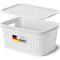 Novaliv Boîte de rangement avec couvercle Mini 2L Panier blanc design rotin alimentaire Panier de rangement empilable Boîte emboîtable plastique BPA-free Caisse de rangement avec couvercle
