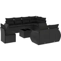 The Living Store 9-pièces salon de jardin avec coussins noir poly rotin