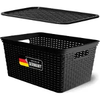 Novaliv Boîte de rangement avec couvercle Grand panier 14L Noir en rotin Design Alimentaire Panier de rangement Empilable Boîte emboîtable Plastique BPA-free Caisse de rangement avec couvercle