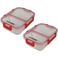 Fackelmann 9941750 Lot De 2 Boites De Conservation En Verre À 2 Compartiments 1050ml, Lunchbox En Verre Et Couvercle Hermétique À Clips, Verre, Plastique, Rouge, 21x16cm