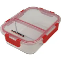 Fackelmann 47394 Boite De Conservation En Verre À 2 Compartiments 1050ml, Lunchbox En Verre Et Couvercle Hermétique À Clips, Verre, Plastique, Rouge, 21x16cm