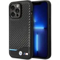 BMW Étui en cuir noir carbone pour iPhone 14 Pro