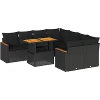vidaXL Ensemble de salon de jardin 9 pièces avec coussins noir poly rotin