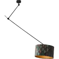 QAZQA Suspension Noire avec Abat-jour en Velours Motif Feuilles et Intérieur Doré 40/40/40 - Blitz