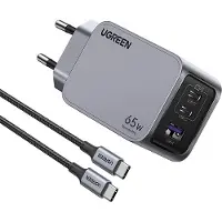 UGREEN Chargeur Nexode Pro, Usb + 2X Usb-C, 65W + câble Usb-C 1.5M (Noir)