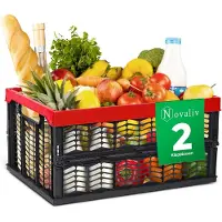Novaliv Caisses pliantes stables | 2x 30L rouge noir baskets Caisse à provisions| Caisses pliantes Set boîte de transport Rangement Paniers à provisions Paniers de rangement Cuisine