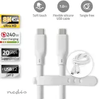 Nedis Câble USB | USB 3.2 Gen 2 | USB-C Hane | USB-C Hane | 240 W | 8K@30Hz | 20 Gbps | Nickelplaterad | 1,00 m | Rond | Silicone | Vit | Låda