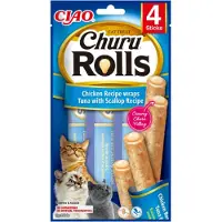 Inaba Churu Rolls Cat Treat Aliment humide avec garniture crémeuse au poulet, thon et coquille Saint-Jacques 4x10g