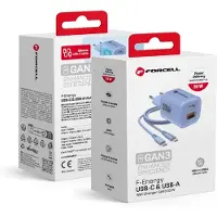 Forcell F-ENERGY Crystal Color GaN III VT-41 chargeur de voyage avec câble en silicone avec 1 x Type C + 1x USB A prises, PD QC4.0 33W bleu