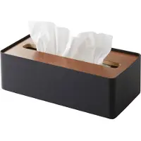Yamazaki Boîte à Mouchoirs - - Métal Noir - Couvercle Bois - 26cm x 13cm x 8.2cm