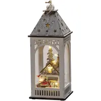 Konstsmide Lanterne en bois à LED avec maison, blanche, 6h de minuterie, 8 diodes blanches chaudes, fonctionne sur piles, intérieur, piles : 2 x AA 1,5V (non incluses) - 3270-210