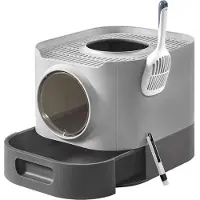 Feandrea Litière pour chat XXL, avec couvercle, bac extensible, pelle et brosse, gris tourterelle et gris ardoise
