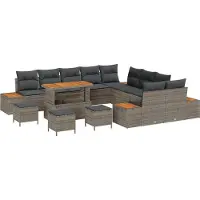vidaXL Ensemble de canapés de jardin avec coussins et rangement, 14 pièces, gris, en rotin synthétique