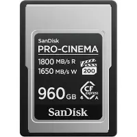 SanDisk PRO-CINEMA, 960 Go, CFexpress Type A, 1800 Mo/s, 1650 Mo/s, résistant aux chutes, à la poussière, à l'eau, noir, métallique