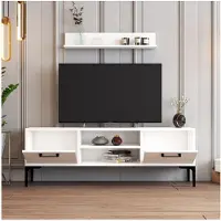 Skye Decor , meuble TV haut de gamme, 140 x 48 x 30 cm, panneau de particules 100 % mélaminé, épaisseur 18 mm, avec pieds en métal, nombreuses étagères et étagère murale (80 x 14,2 x 13,6 cm) en blanc.