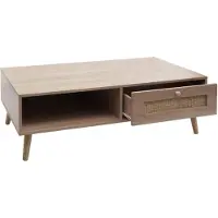 Mendler Table basse HWC-M39, Table de salon Table d'appoint Table de salon, tiroir Kubu Rotin Bois Mélamine, 37x110x59cm aspect chêne