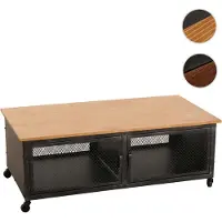 Mendler Table basse HWC-N28, table de salon, roulettes 2 compartiments, structure 3D industrielle rétro métal bois 45x120x60cm noir, naturel