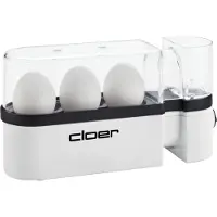 Cloer 6021 Cuiseur à Œufs pour jusqu‘a 3 oeufs, Information acoustique quand prêt, Verre mesureur avec pique-oeuf integré dans le couvercle, Porteur pour les oeufs amovible, 300 W, blanc