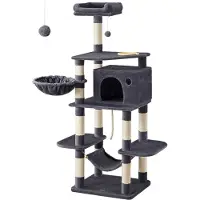Songmics Arbre à chat,164 cm,stable,avec gamelle pour chat,avec panier et grotte Gris fumé