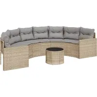 The Living Store Canapé de jardin avec table et coussins semi-circulaire Beige Poly-Rattan