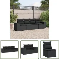 The Living Store Ensemble de salon de jardin 4 pièces avec coussins Noir Poly Rattan
