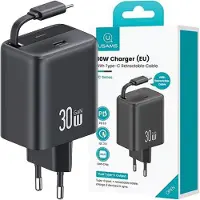 Usams ad. Siec. 1Xusb-C Ze Zwijanymkablem Usb-C Retractable Pd+Qc 30W Gan Fast Charging Czarny/Black Yc Series Cc241Tc01 (Us-Cc241)