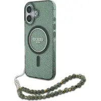 GUESS GUHMP16MHGCRELSA iPhone 16 Plus 6.7" zielony/green hardcase IML Glitter With Pearl Strap MagSa (Apple iPhone 16 Plus), Coque pour téléphone portable, Vert
