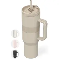 Onyx Bouteille à boire avec paille 1 litre - Bouteille d'eau pour enfants et adultes - Tasse thermos en acier inoxydable - Buvette de motivation - Tasse à boire pour l'école - Beige sable