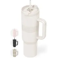 Onyx Bouteille à boire avec paille 1 litre - Bouteille d'eau pour enfants et adultes - Mug Thermos Mug de voyage en acier inoxydable - Buvette de motivation - Tasse à boire pour l'école - Blanc Coco