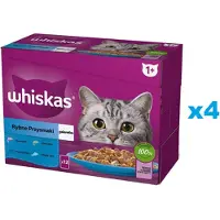 Whiskas Adult sachet 48x85g Fish Treats nourriture humide pour chats adultes en gelée avec : saumon, thon, cabillaud, poisson blanc