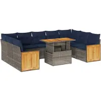 vidaXL Ensemble de salon de jardin 10 pièces avec coussins Gris Poly rotin Acacia