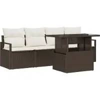 vidaXL Ensemble de 5 pièces de canapés de jardin avec coussins en poly rotin marron, Canapé de jardin 2 places avec rangement et coussins en poly rotin marron