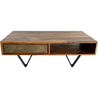 FineBuy Table basse rectangulaire en bois massif de Sheesham 115 cm, table de salon avec 2 tiroirs & compartiment de rangement, façade aspect pierre, structure métallique noire