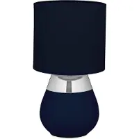Relaxdays Lampe de table , pied en métal, abat-jour en tissu, culot E14, H x P : 32 x 18 cm, lampe de chevet avec câble, chambre à coucher, bleu/argent