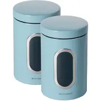 OEM Lot de 2 boîtes de rangement métalliques bleu clair, pour céréales, sucre, riz, thé, en métal avec couvercle hermétique et grande fenêtre de contrôle