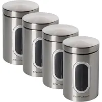 OEM Lot de quatre boîtes de rangement en métal brossé, pour conserver la farine, les bonbons, l'orge et le thé ; en métal, avec couvercle hermétique et grande fenêtre de visualisation