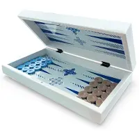 BiggDesign Backgammon à carreaux bleus, corps en MDF, fermeture magnétique, revêtement protecteur brillant, surface de jeu résistante aux rayures, dés et pièces de jeu inclus