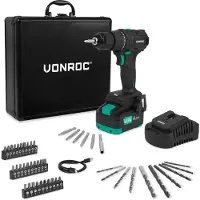 Vonroc PRO Perceuse sans fil 20 V – Moteur sans balais – 40 Nm | Comprend une batterie 4,0 Ah, un char-geur et 46 accessoires dans un coffret haut de gamme