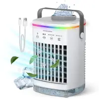 Vulpes goods Tech - Mini Airco PRO - Climatiseur mobile - Rafraîchisseur d'air 4en1 - Rafraîchisseur d'air - Ventilateur de table - 4 vitesses de vent, 2 modes d'humidification et minuterie - Etanche - Blanc