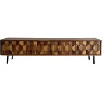 Wohnling Buffet bas en bois massif de Sheesham 160 cm Buffet TV avec façades 3D 4 portes passage de câbles & pieds métalliques noirs Armoire TV design pour le salon