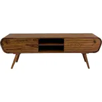 Wohnling Table basse en bois massif de Sheesham 160 cm Tableau TV avec 2 tiroirs & compartiments ouverts Table TV rétro en bois Meubles de salon Skandi Vintage TV